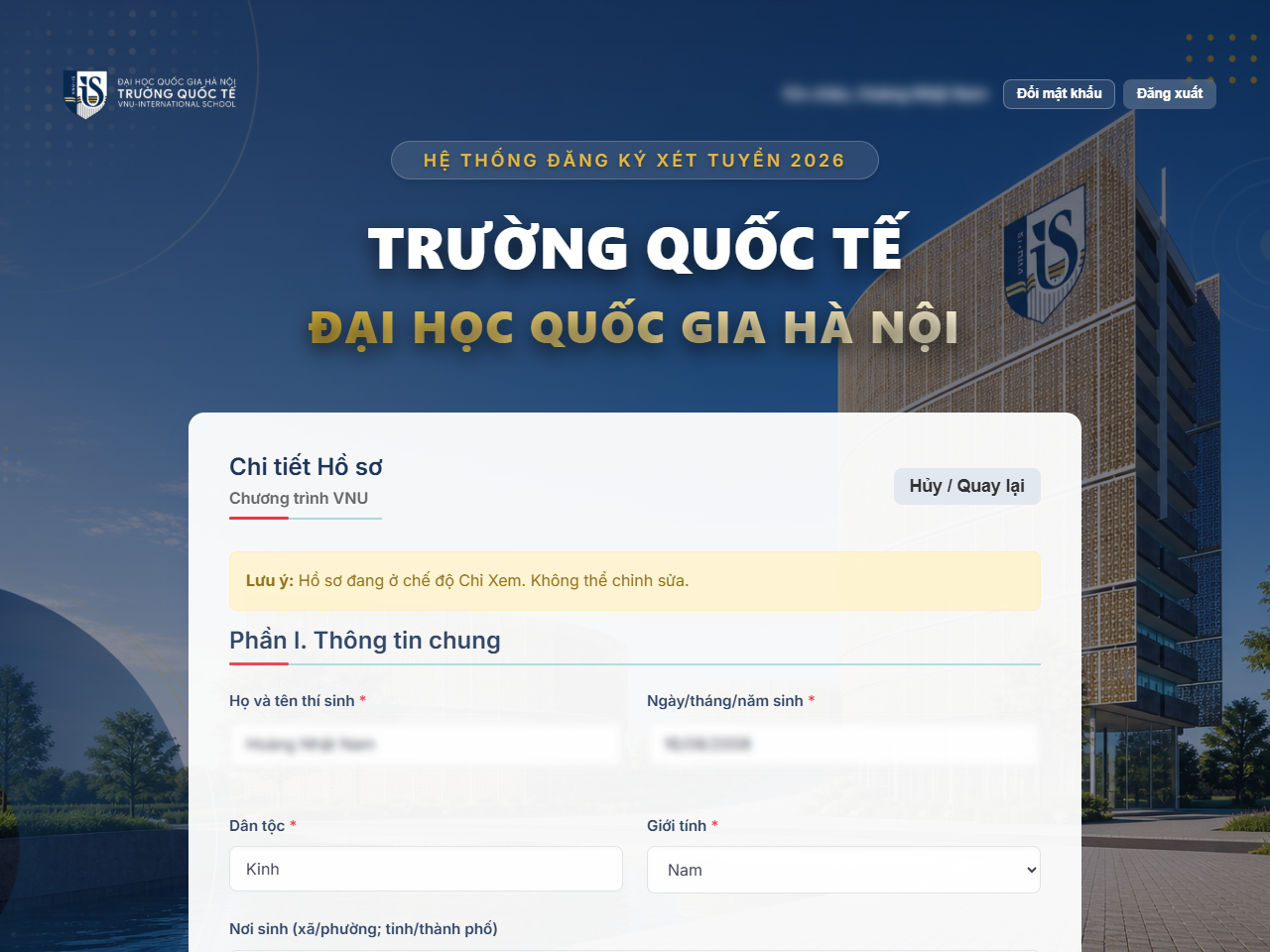 Màn hình điền hồ sơ xét tuyển