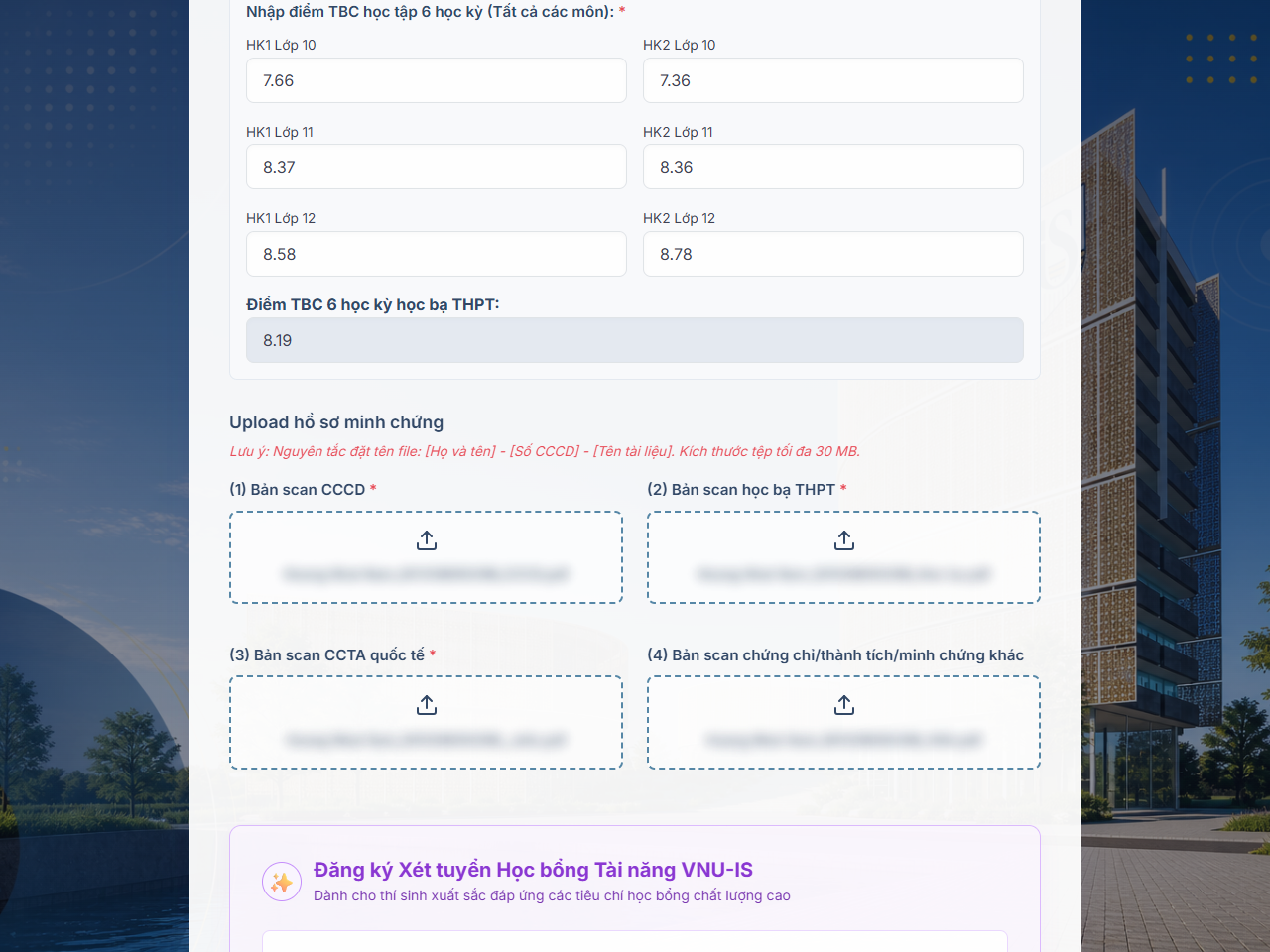Màn hình khai báo điểm học bạ